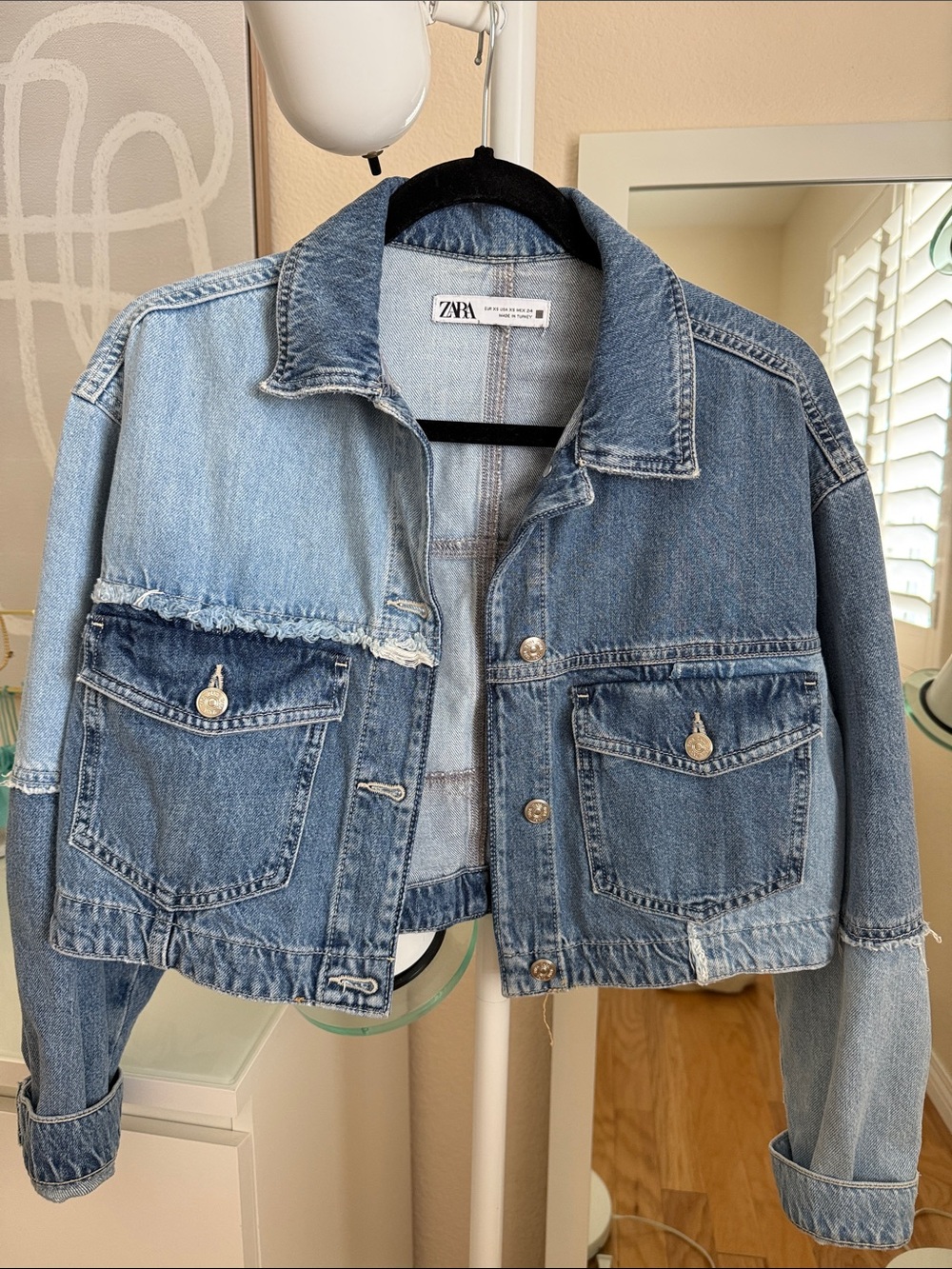 ZARA Two-Tone Patchwork Light & Medium Blue Denim Jacket - Picture 2 of 5